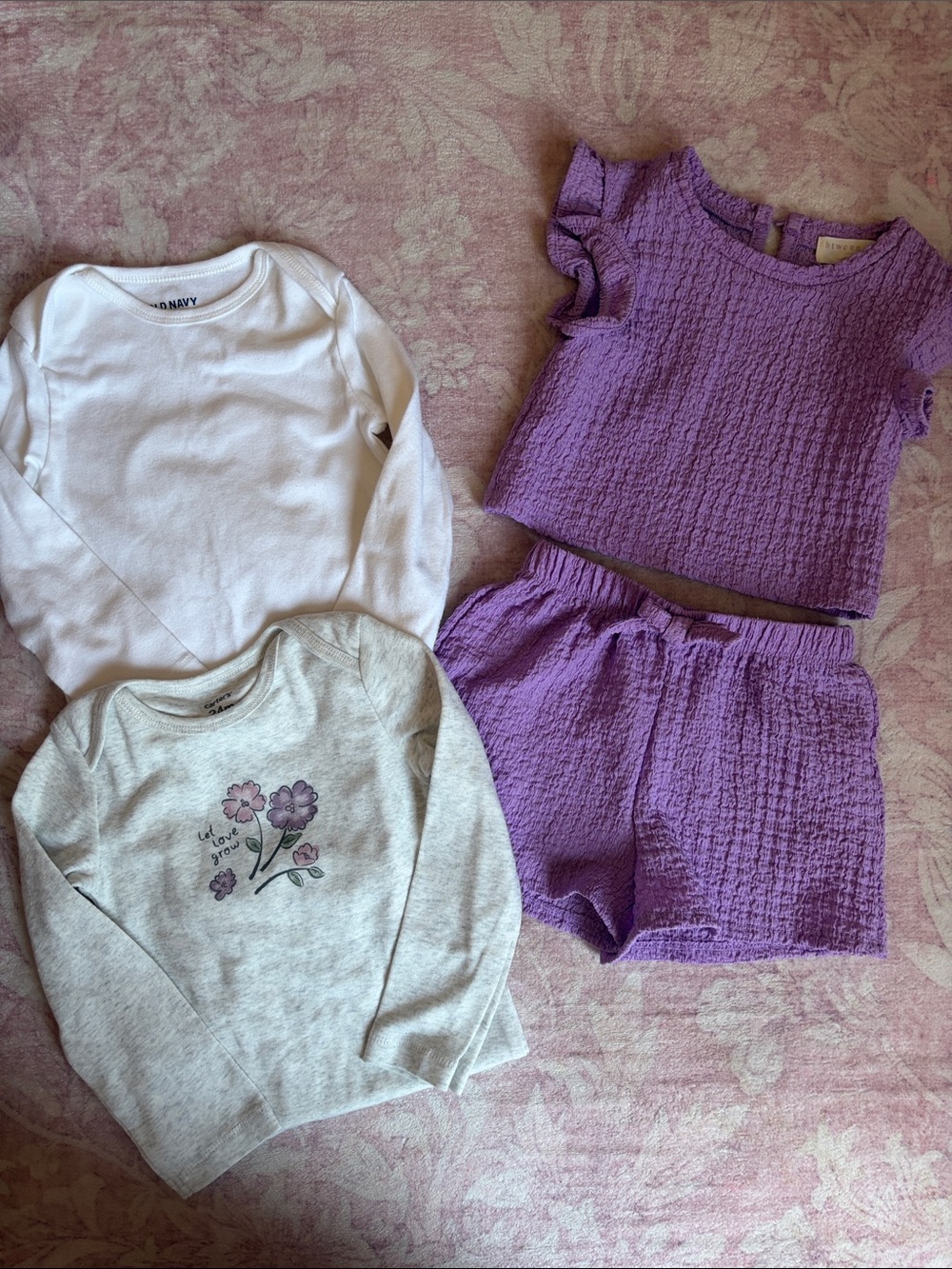 Old Navy White Bodysuit, Heather Gray Floral Top & Purple Set